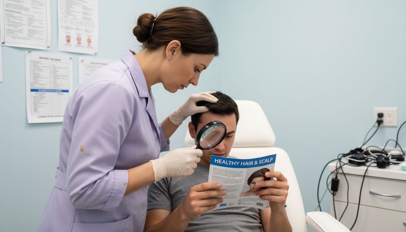 Dermatologist inspecting patient scalp health