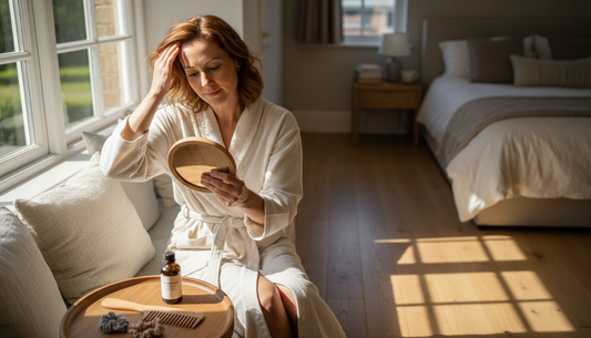 Woman performing morning hair growth ritual