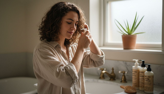 Woman applies natural hair product in bathroom