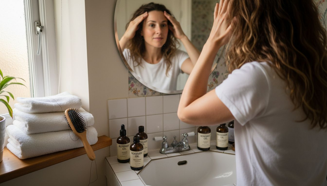 Woman massaging rosemary mint oil into scalp