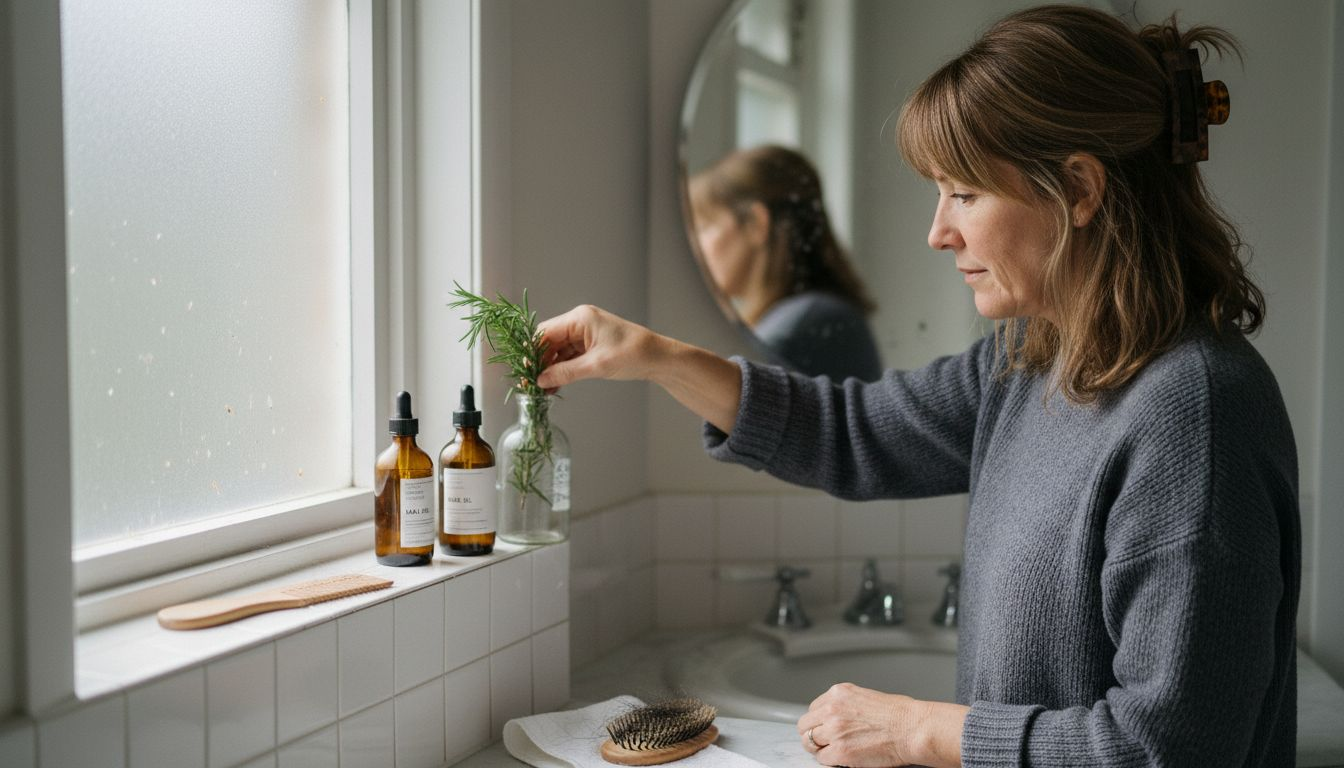 Woman arranging rosemary on bathroom shelf