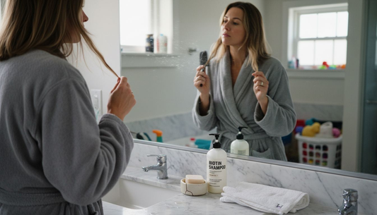 Woman checking hair in home bathroom mirror
