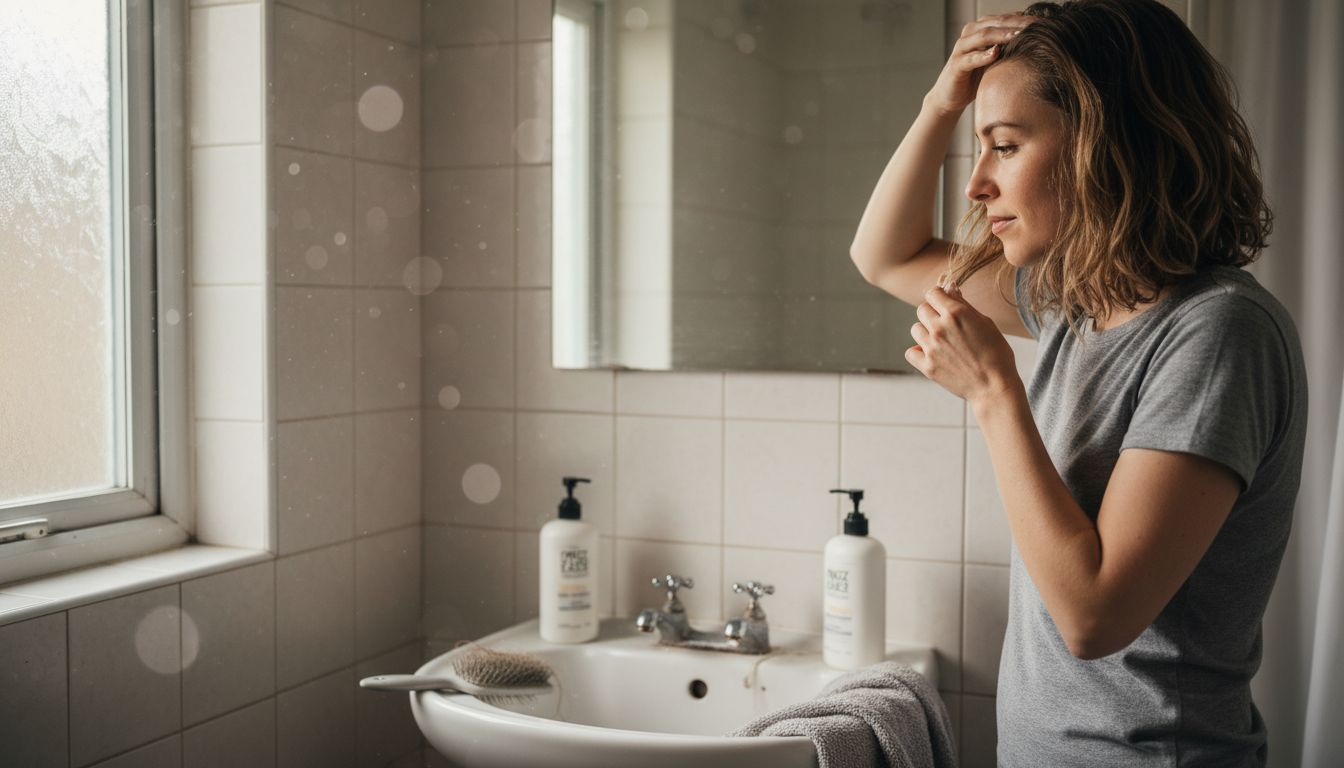 Woman applying biotin treatment in simple bathroom