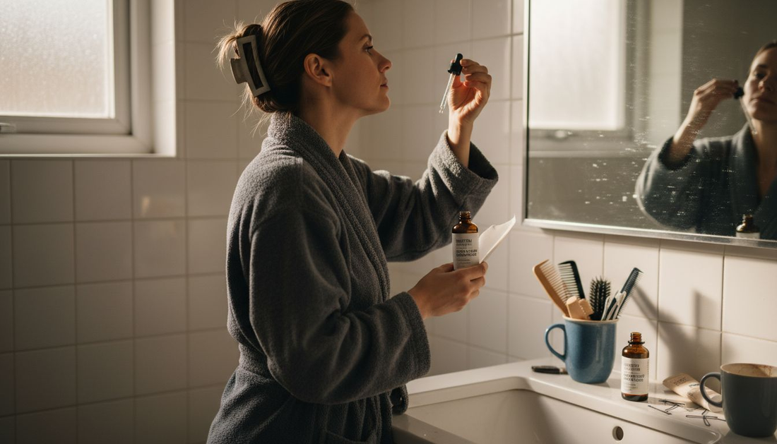 Woman applying biotin serum in bathroom