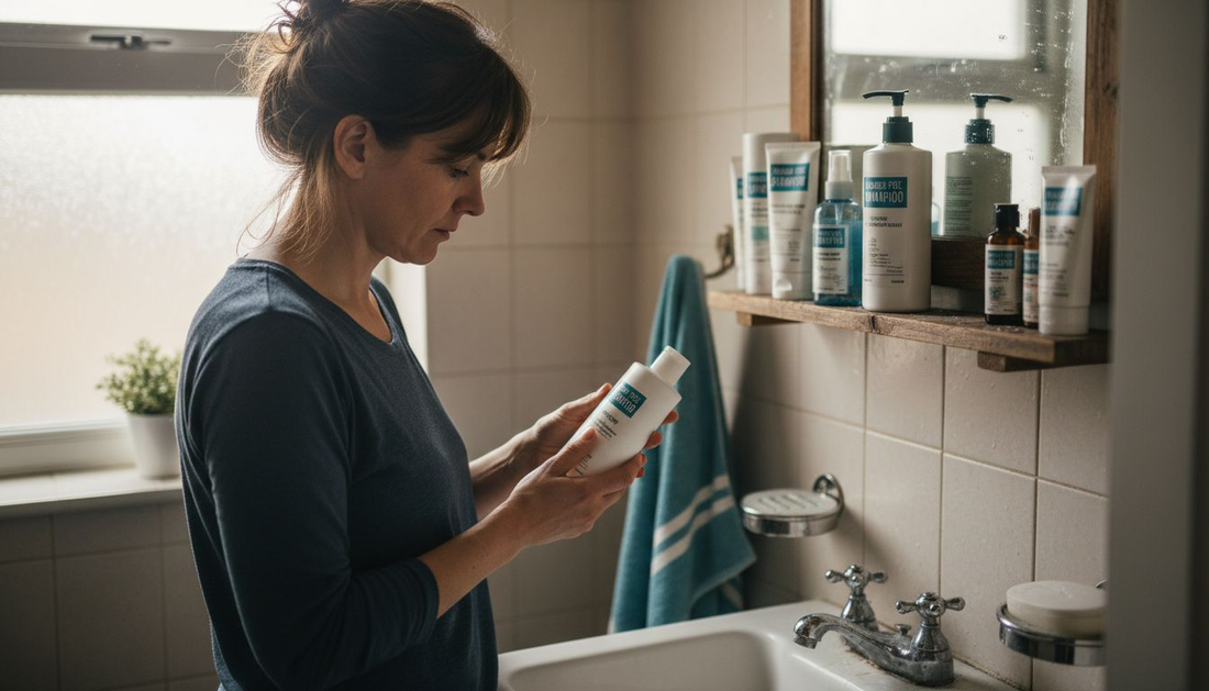 Woman checking paraben-free hair product bottle