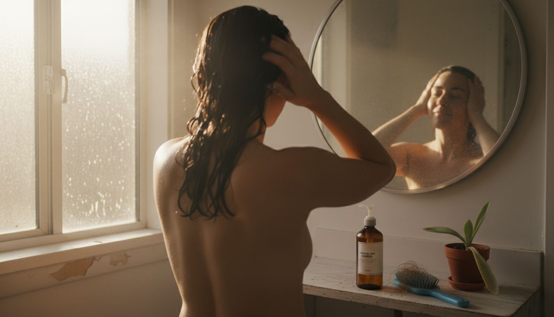 Woman using paraben-free shampoo in morning bathroom