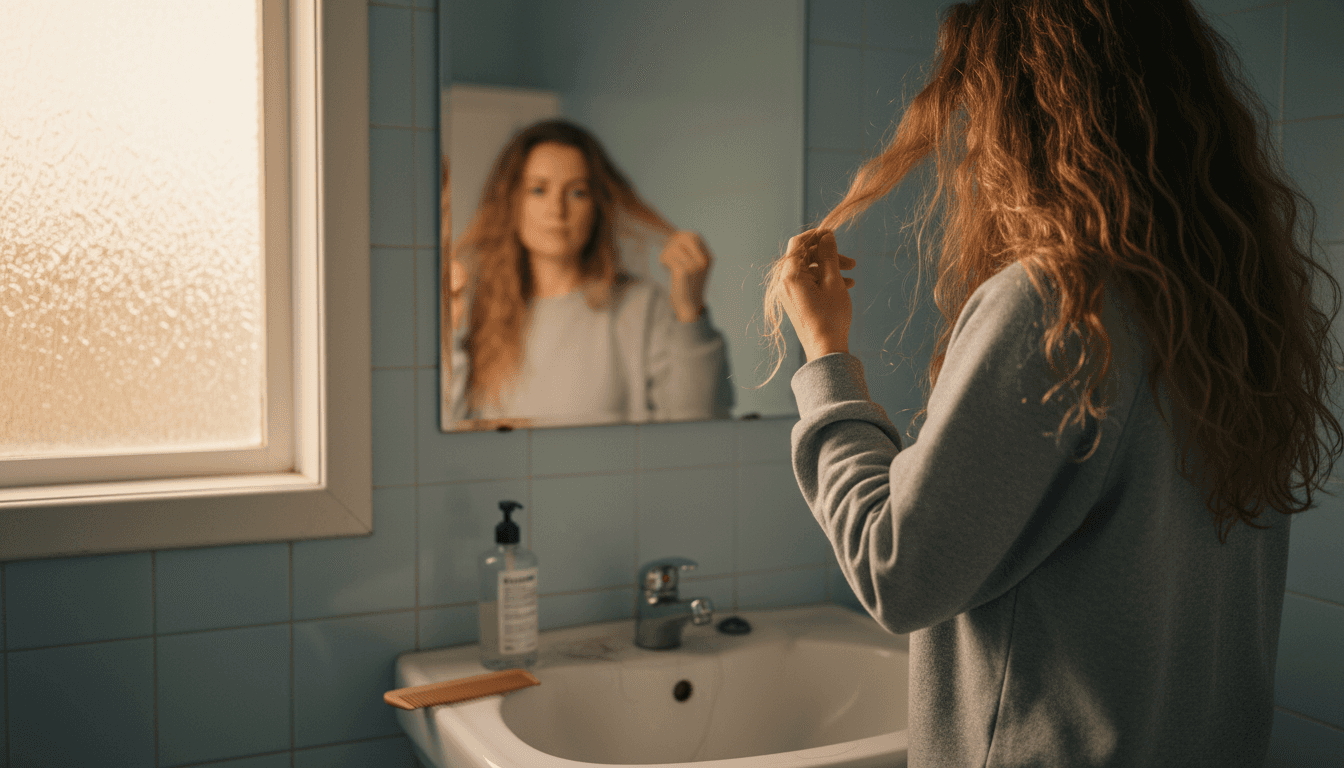 Woman checking hair for sulfate effects
