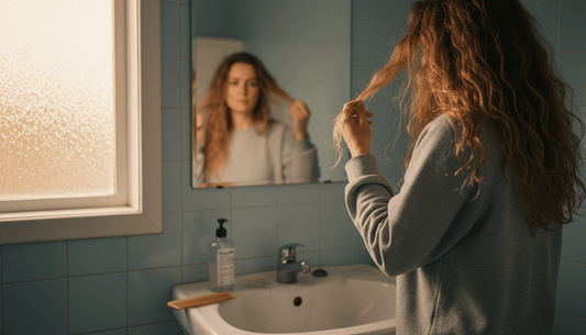 Woman checking hair for sulfate effects