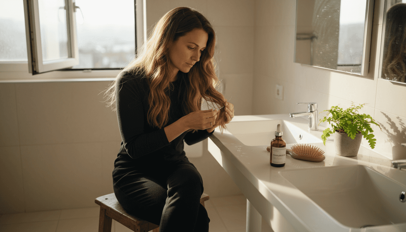 Woman applying squalane oil in bathroom