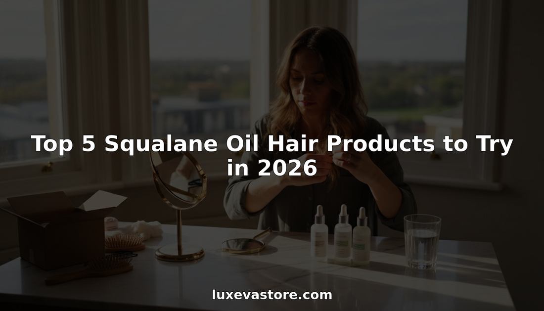 Woman applying squalane oil at vanity table