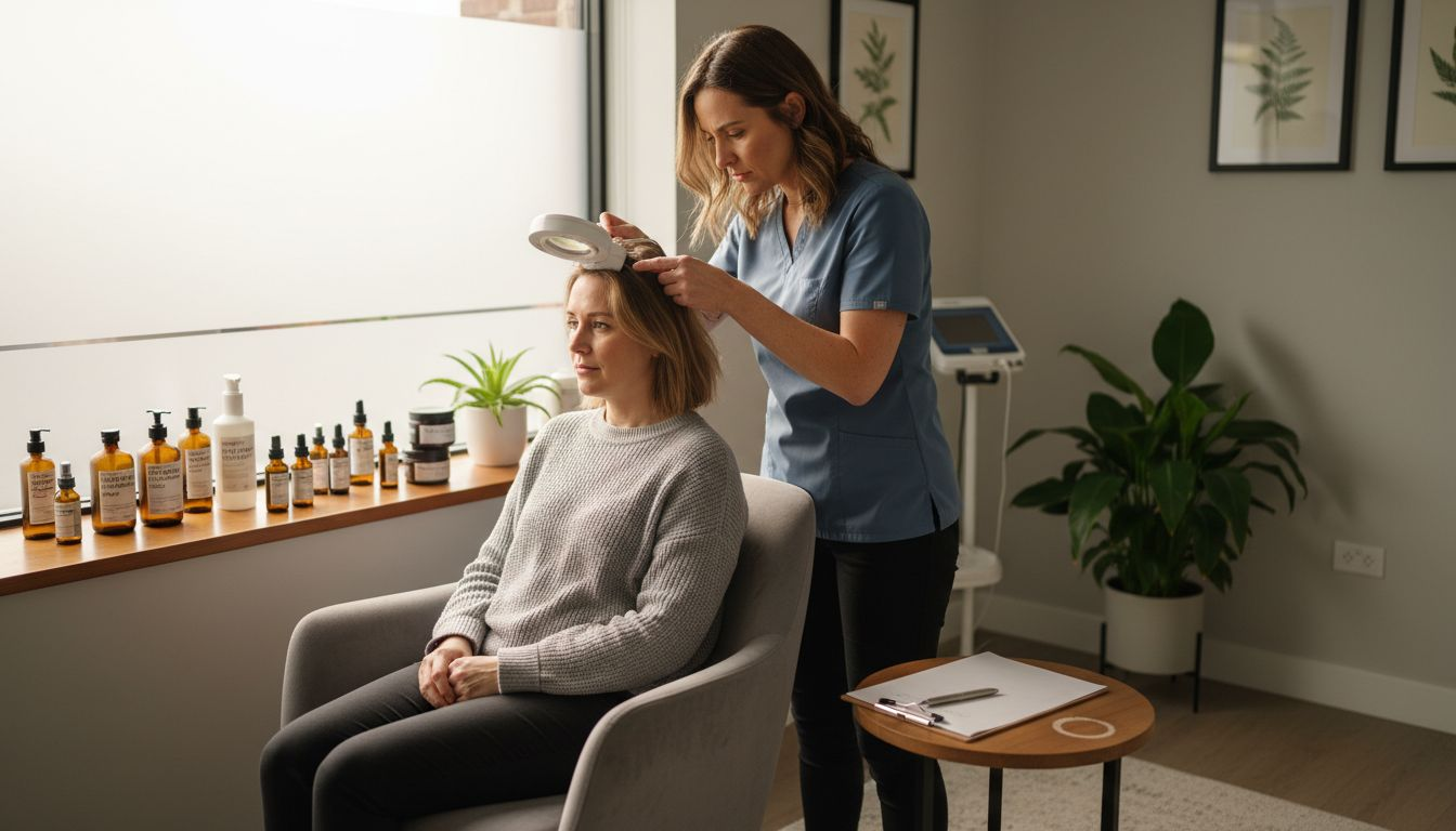 Trichologist examining client scalp at clinic