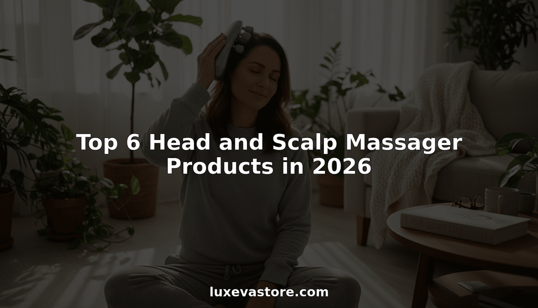 Woman using head and scalp massager in home living room
