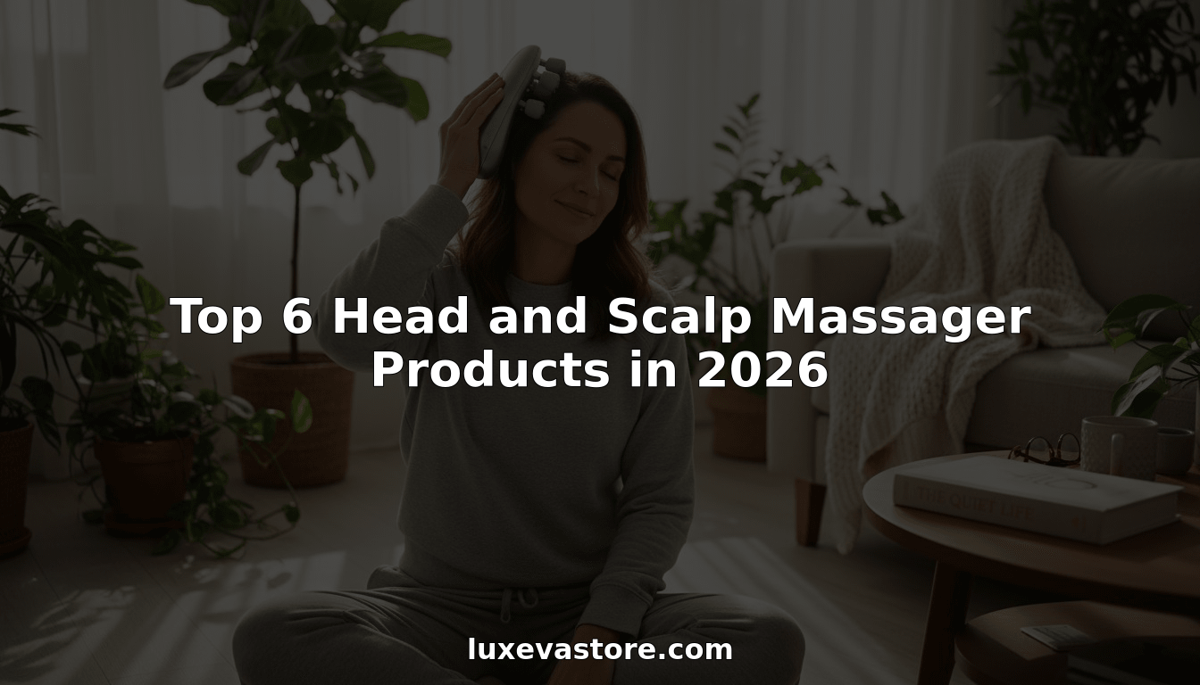Woman using head and scalp massager in home living room