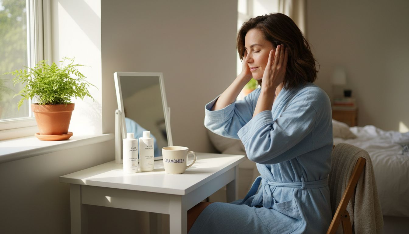 Woman performing scalp massage in sunlit bedroom