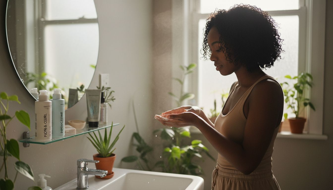 Woman applying cruelty-free haircare in natural-lit bathroom