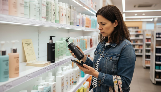 Woman checking ingredients on shampoo bottle in store