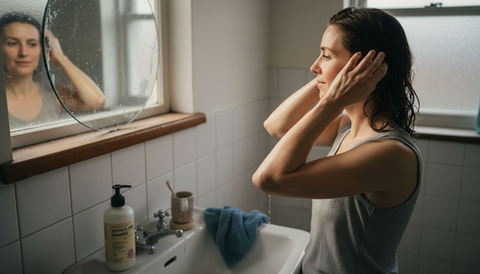 Woman washing hair with gentle shampoo