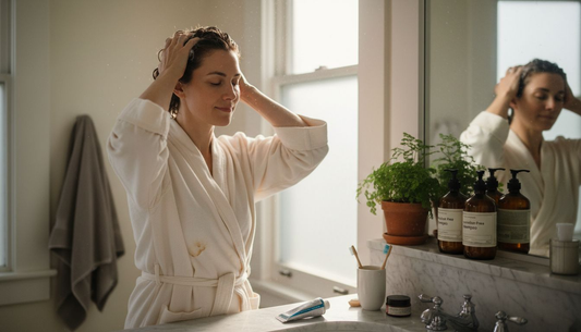 Woman washing hair with natural shampoo at sink