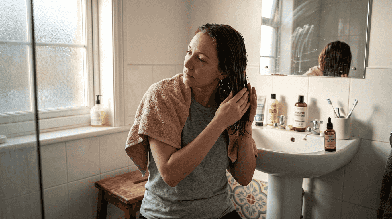 Woman massaging oil into damp hair in bathroom