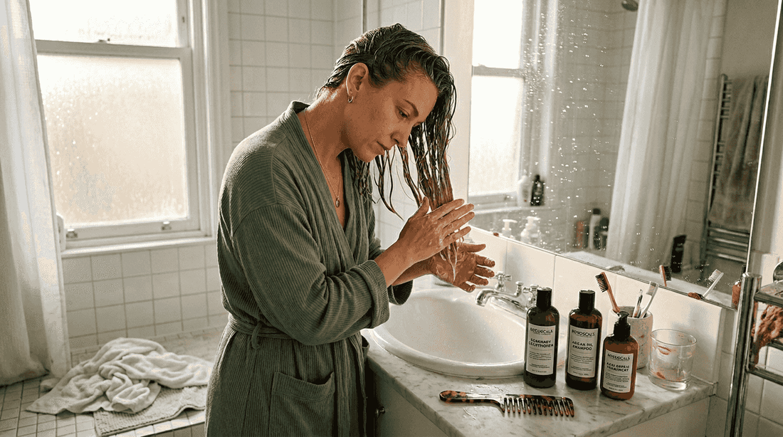Woman applying haircare set in sunlit bathroom