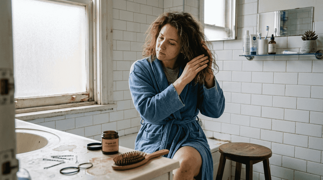 Woman applying argan oil to damaged hair