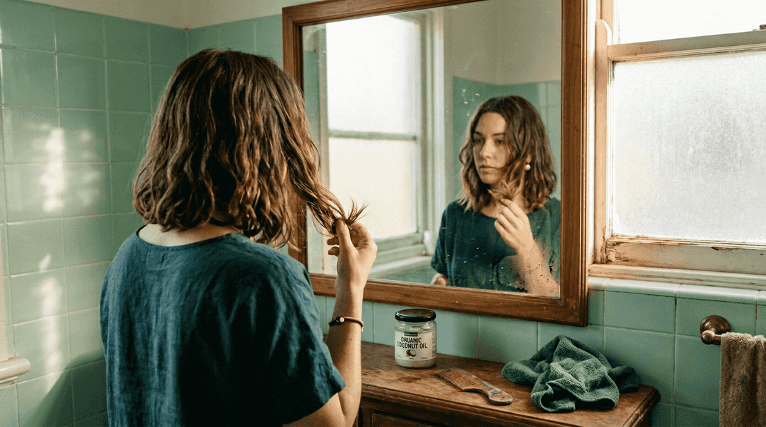 Woman inspecting damaged hair in sunlit bathroom
