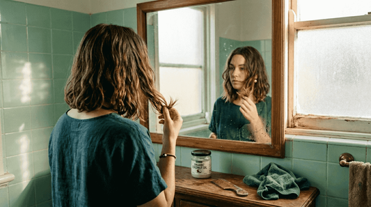 Woman inspecting damaged hair in sunlit bathroom