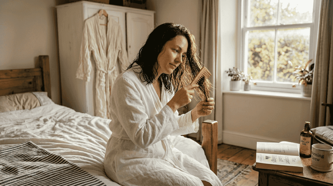Woman brushing hair in morning sunlight