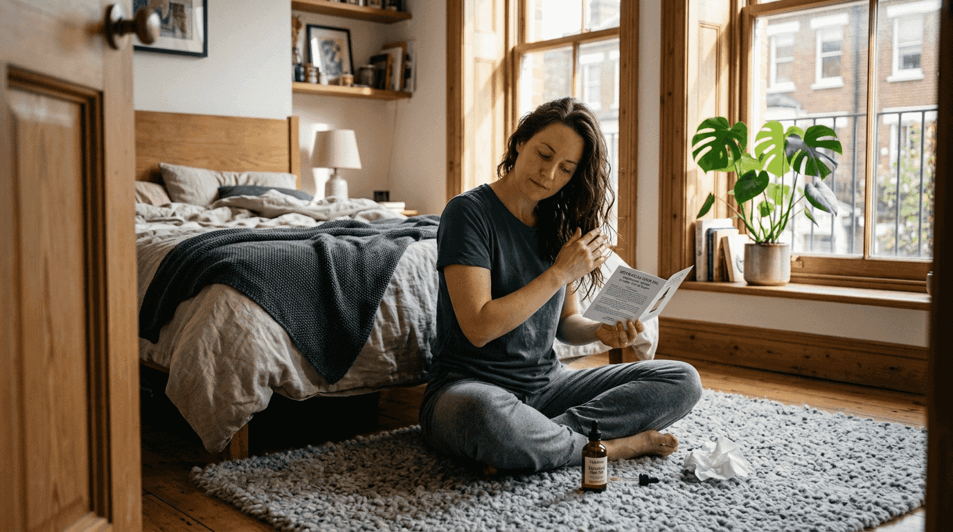 Woman applying hair oil in sunny bedroom
