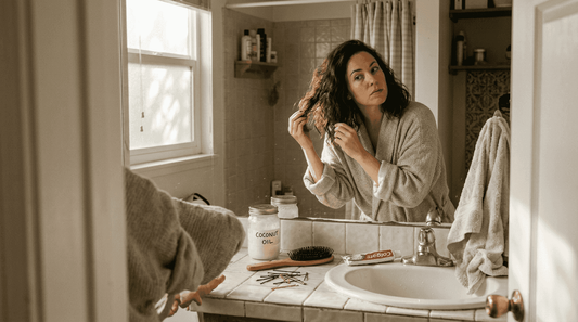 Woman inspecting dry frizzy hair at home