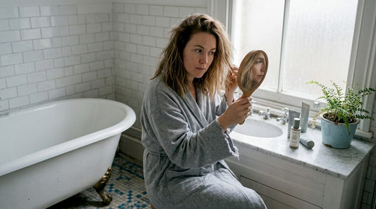 Woman examining dry hair in bathroom