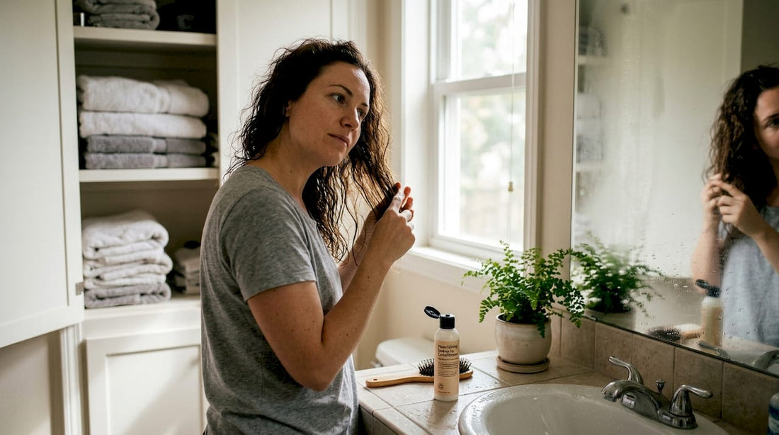 Woman gently finger-combing brittle hair at home