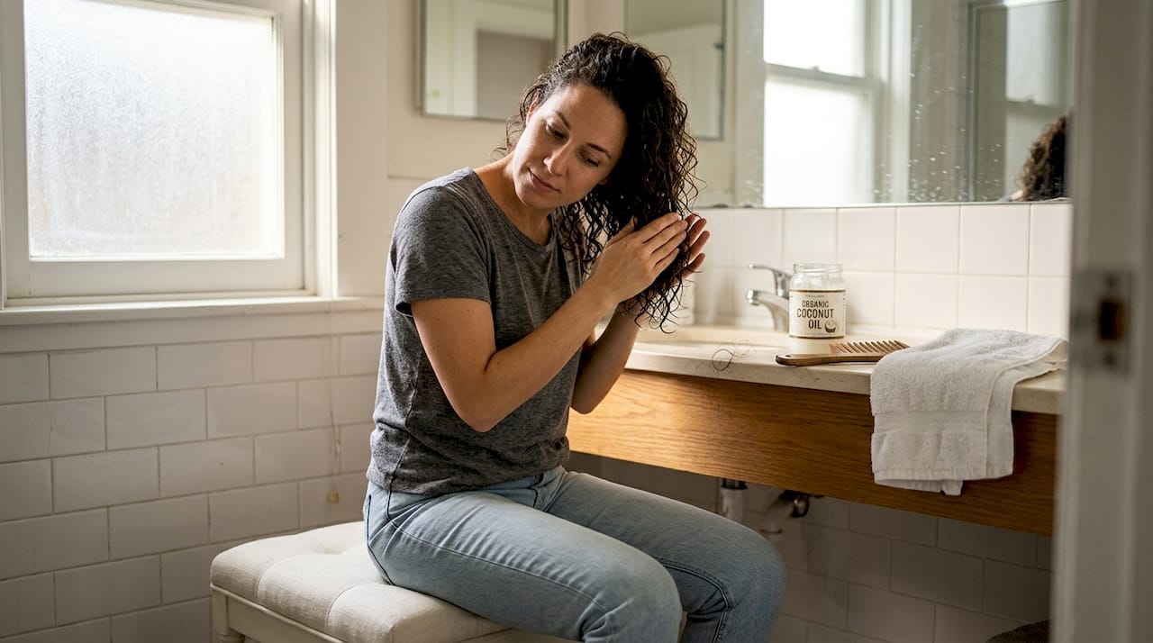Woman caring for curly hair in sunlit home bathroom