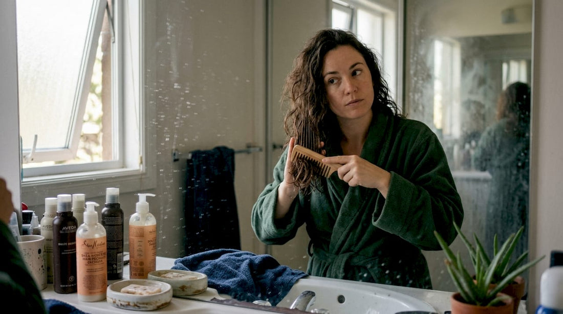 Woman repairing brittle hair in home bathroom
