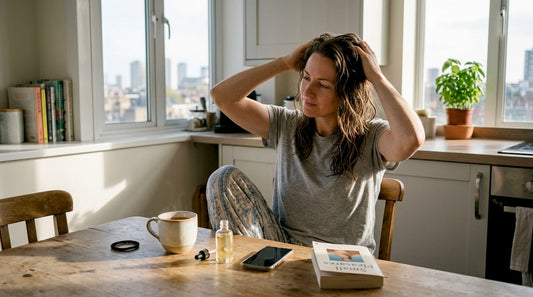 Woman taming frizzy hair at kitchen table