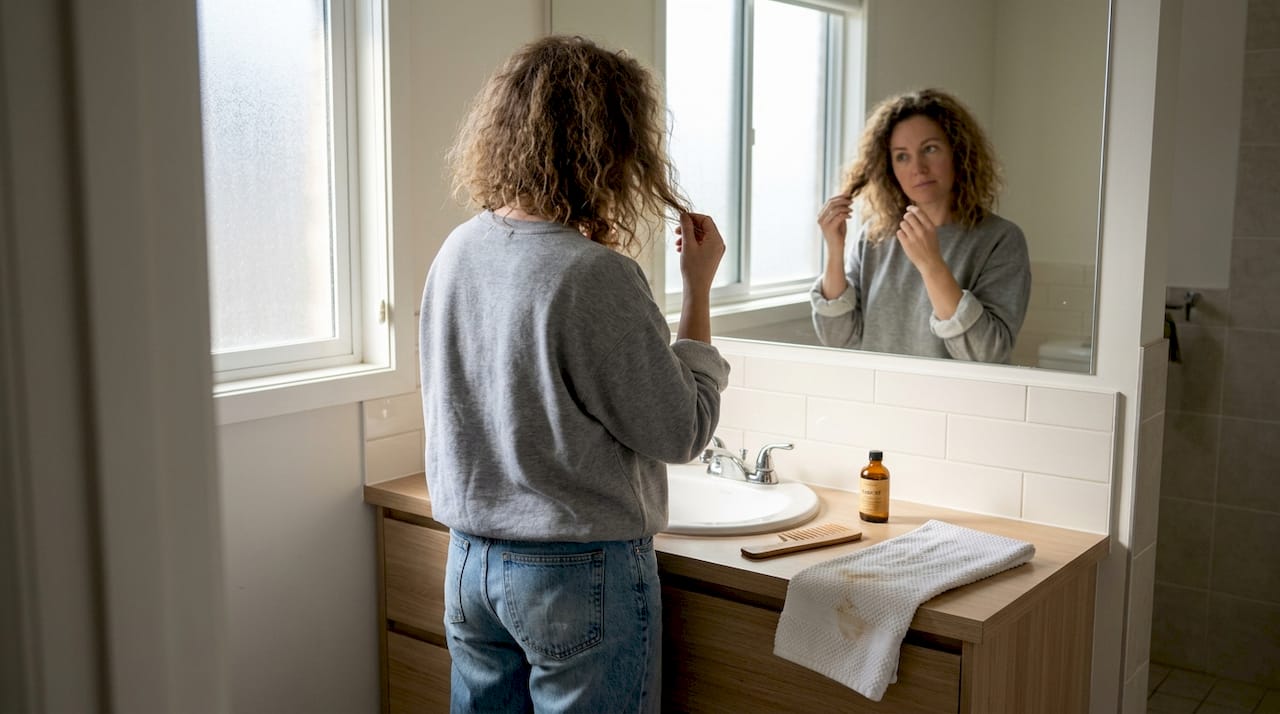 Woman examines frizzy hair in bathroom
