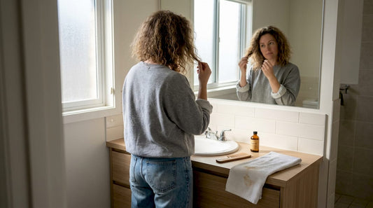 Woman examines frizzy hair in bathroom