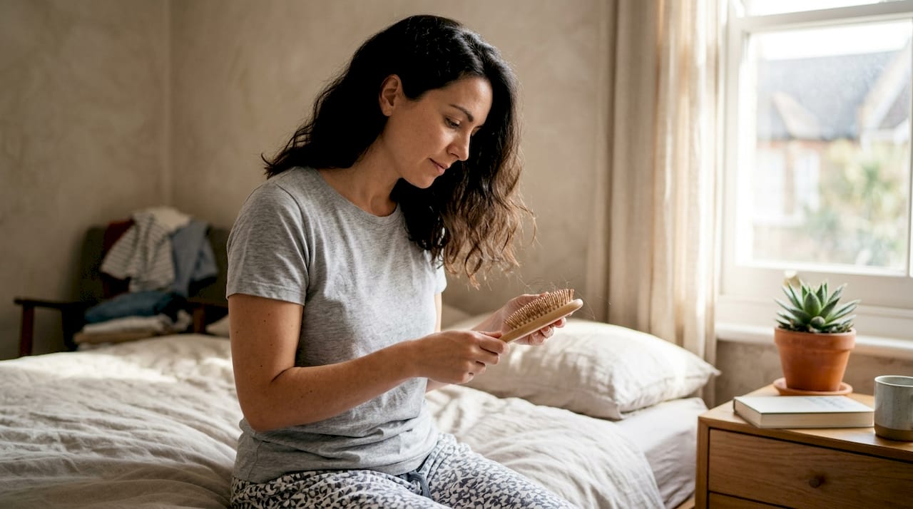 Woman checking brush for broken hairs