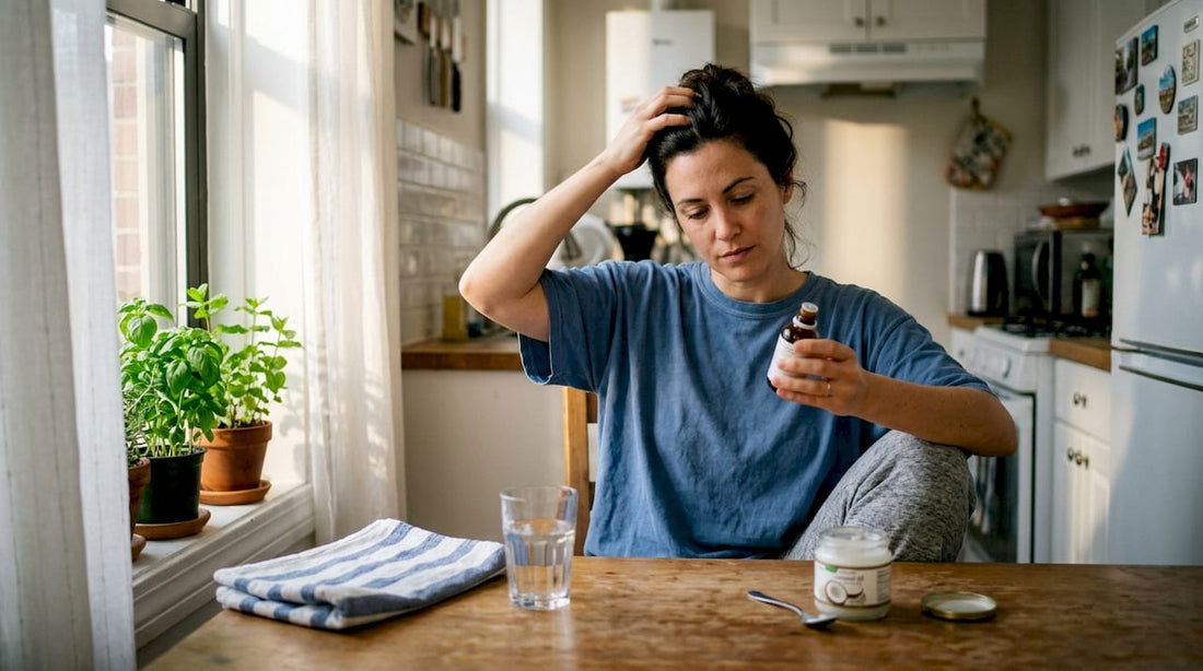 Woman massaging scalp with oil at kitchen table