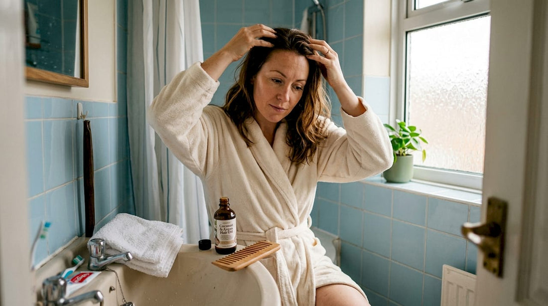 Woman applying oil for scalp care at home