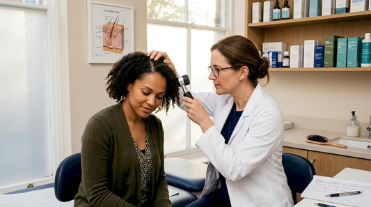 Dermatologist examining female scalp for hair loss