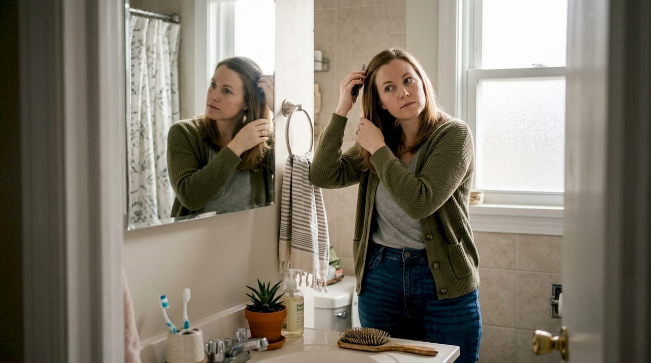 Woman checks thinning hair in mirror