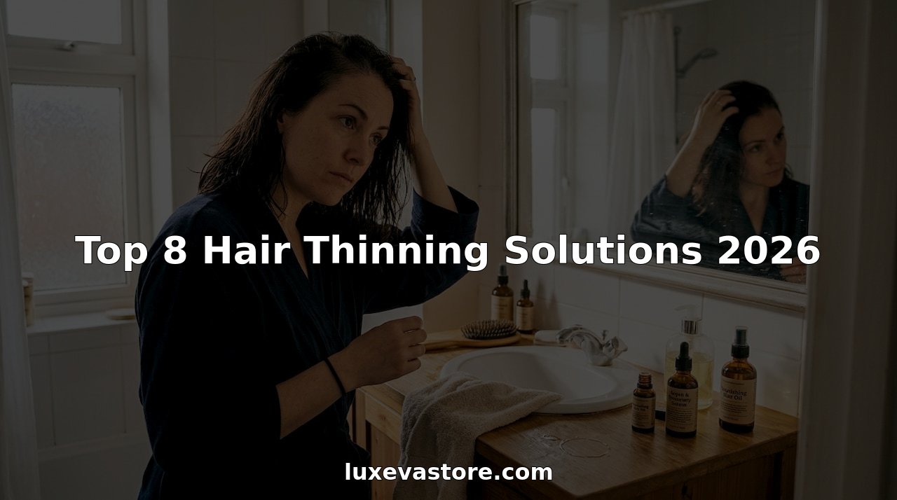 Woman caring for thinning hair at bathroom sink