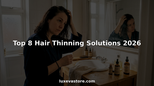 Woman caring for thinning hair at bathroom sink