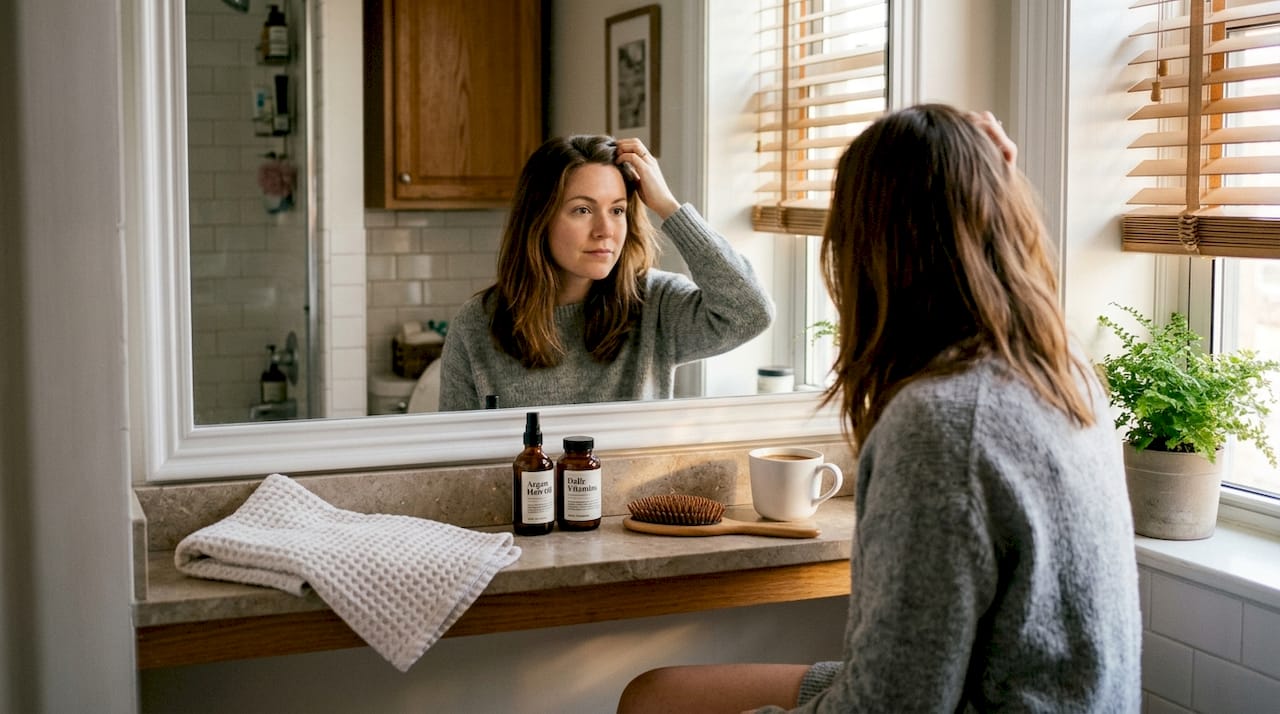 Woman gently checks hair growth in home mirror