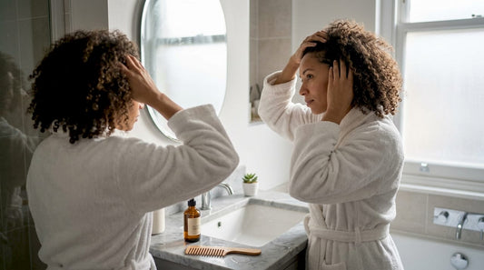 Woman applying natural hair serum at home