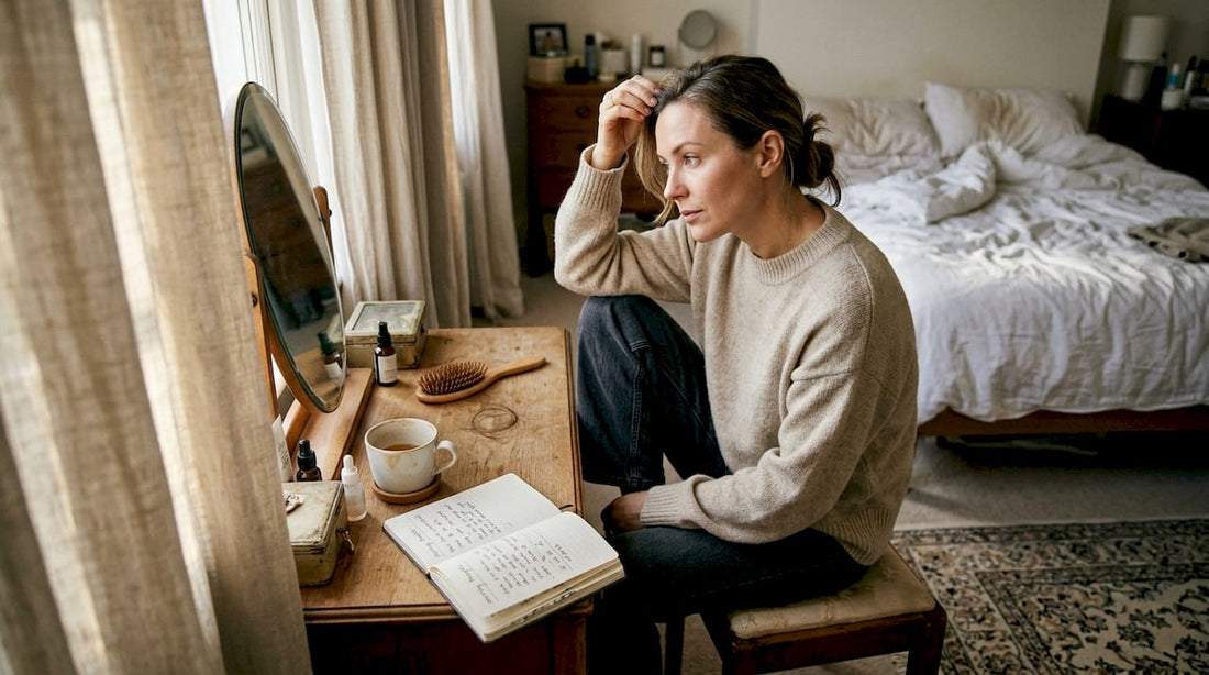 Woman examining thinning hair at home vanity