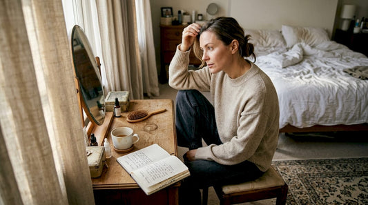 Woman examining thinning hair at home vanity
