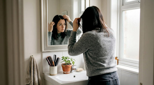 Woman checks hair thinning at mirror