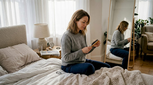 Woman brushing hair in bright bedroom